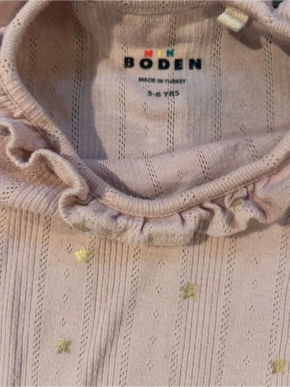 Mini Boden Girls' Pink Ruffle Neck Long-Sleeve Top with Gold Stars Size 5-6YRS